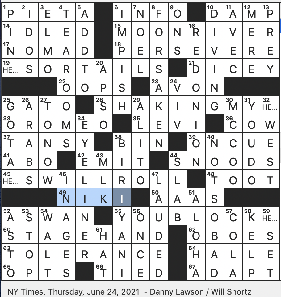 Monday, June 28, 2021 NYT crossword by Pamela F. Davis