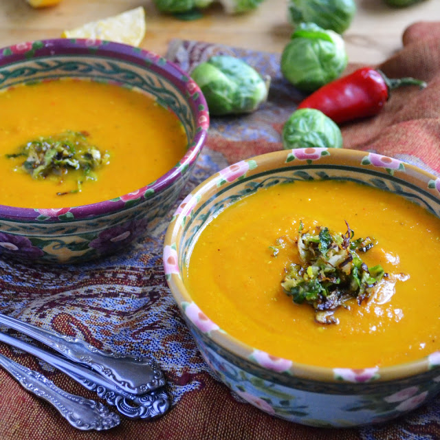 (vegan) carrot and leek soup with frizzled brussels sprouts