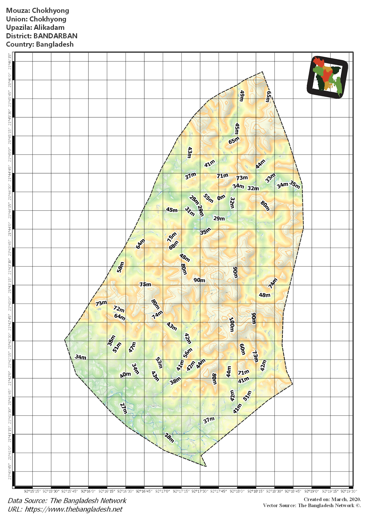 Map of Chokhyong Mouza of Alikadam Upazila, BANDARBAN, Bangladesh.