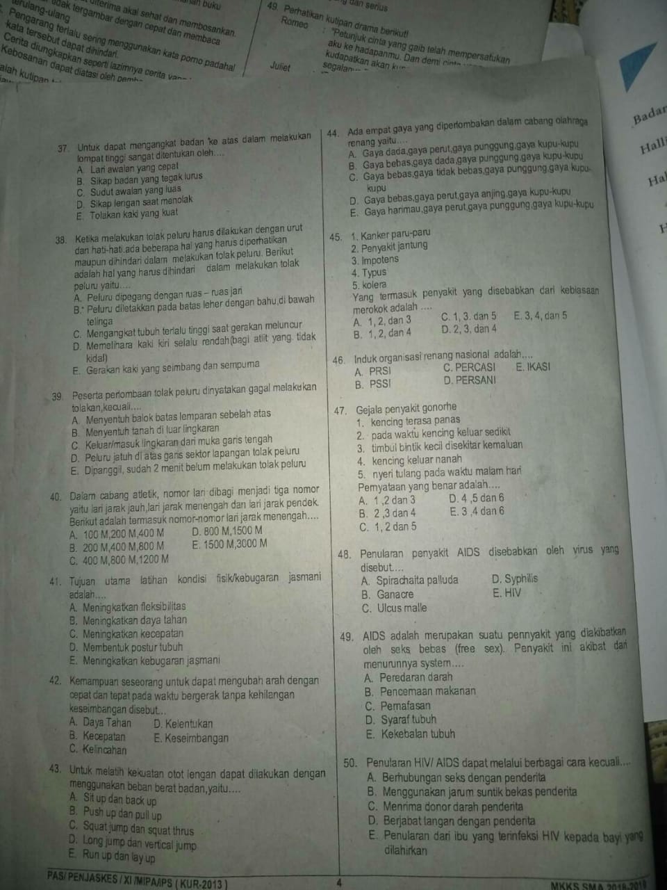Soal UAS Kelas 11 PENJAS Provinsi Lampung Tahun 2019