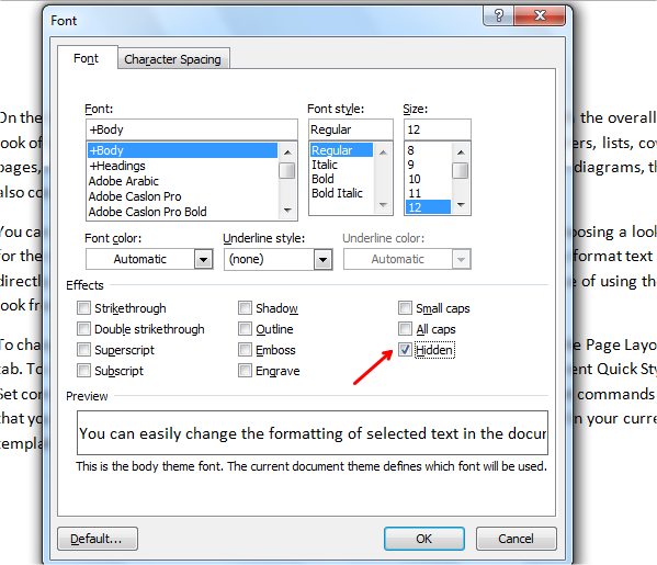 mostrar y ocultar texto en el cuadro de diálogo de fuente de Word