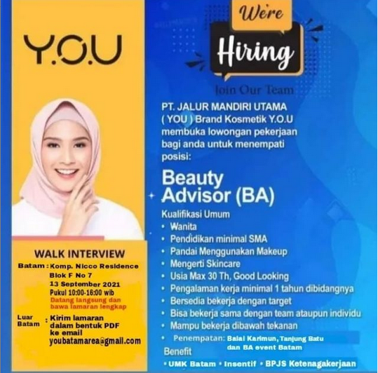 INFO LOWONGAN KERJA BATAM TERBARU 2021 - BEAUTY ADVISOR