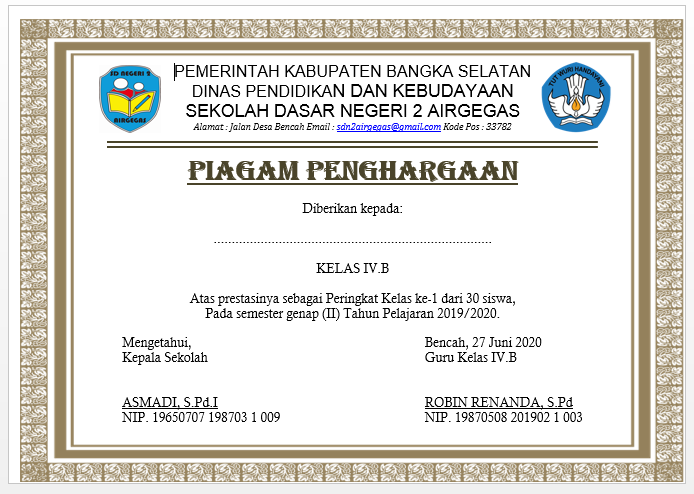 Contoh Piagam Rangking Kelas