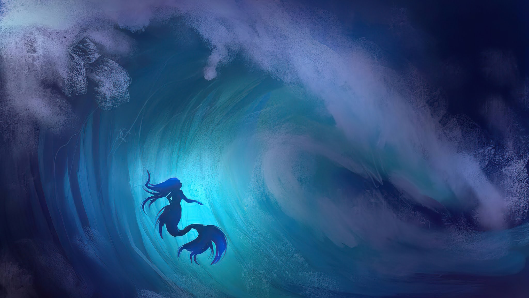 Mermaid Big Wave Art Wallpaper