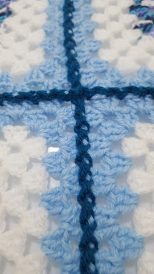 A detail of crochet joining of two grannysquares