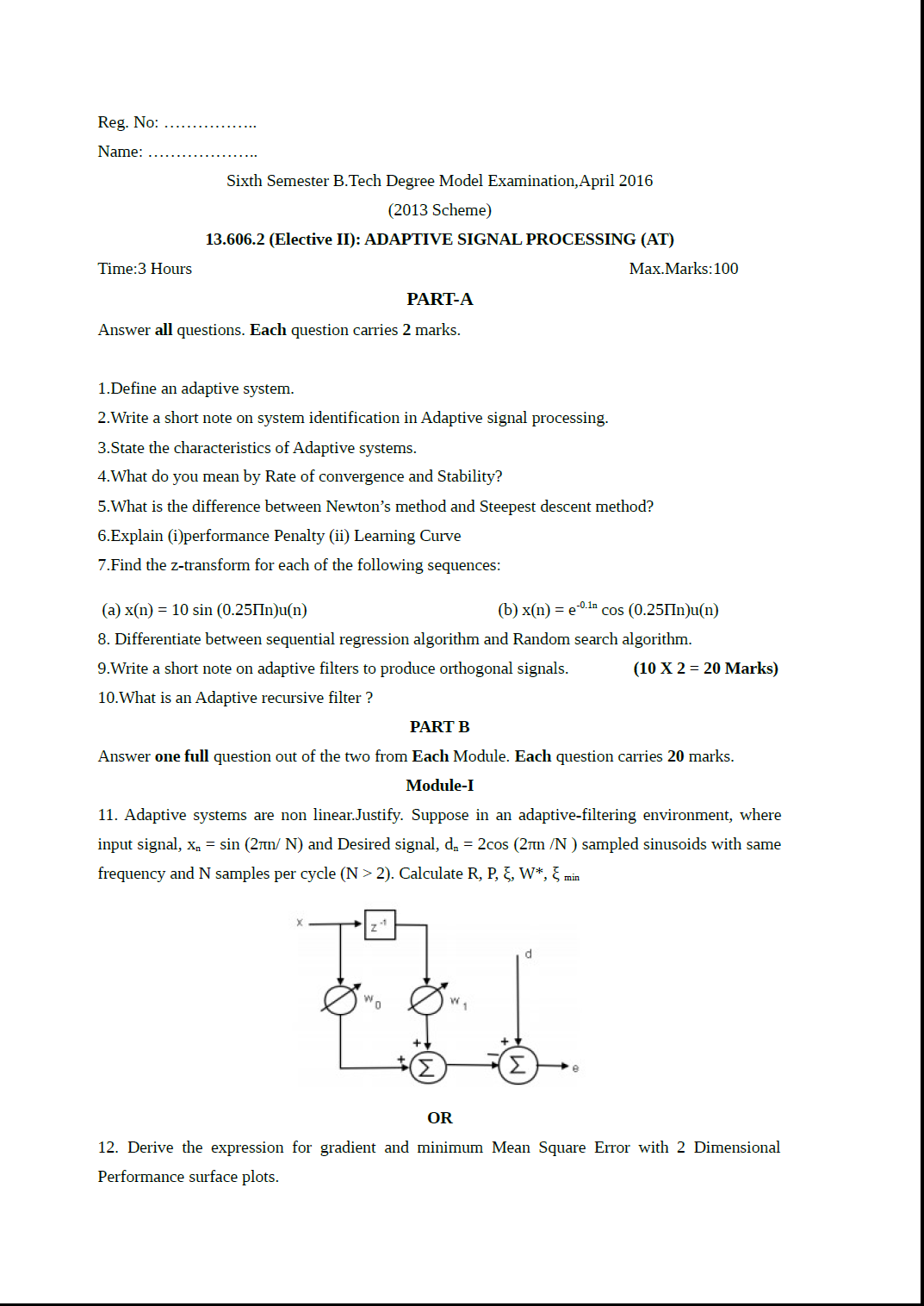 Kerala University B Tech Adaptive Signal Processing ( AT ) April 2016