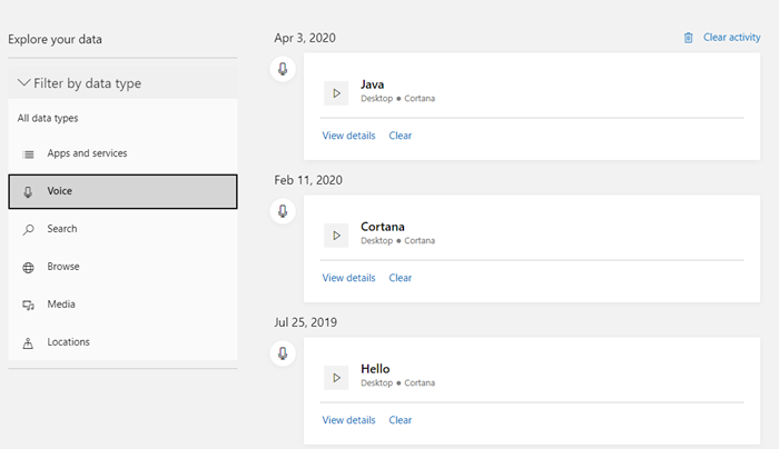 Effacer la recherche Cortana du tableau de bord de confidentialité