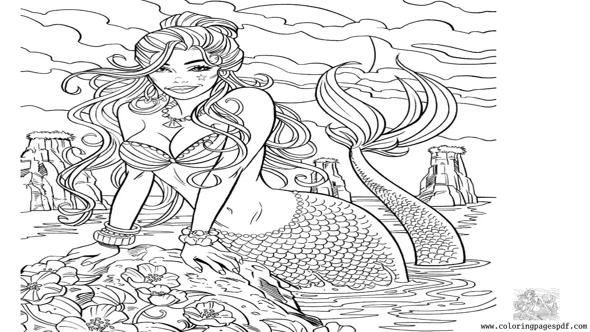 Coloring Page Of A Pretty Mermaid Outside The Water