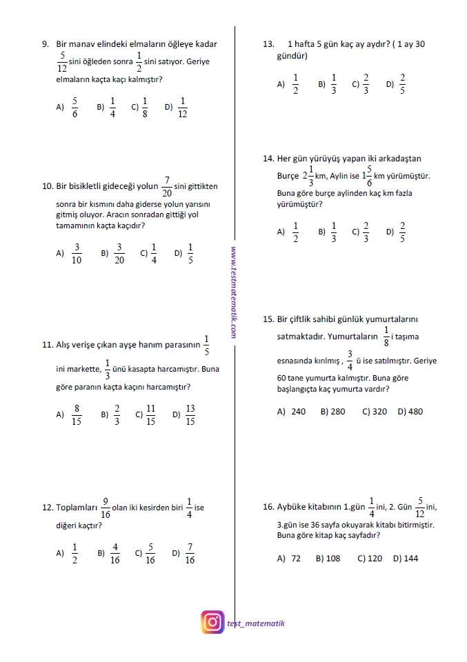 5.SINIF KESİR PROBLEMLERİ Test Matematik
