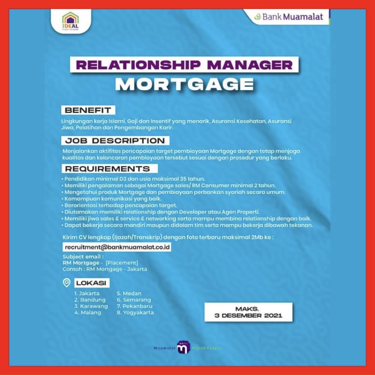 Lowongan Kerja D3 di PT Bank Muamalat Indonesia Tbk Medan November 2021