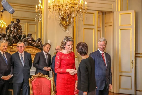Belgian Foreign Minister Didier Reynders, European Commision President Jean-Claude Juncker, European Council President Donald Tusk, European Parliament President Martin Schulz, Queen Mathilde of Belgium and King Philippe of Belgium and Archbishop Alain Paul Lebeaupin