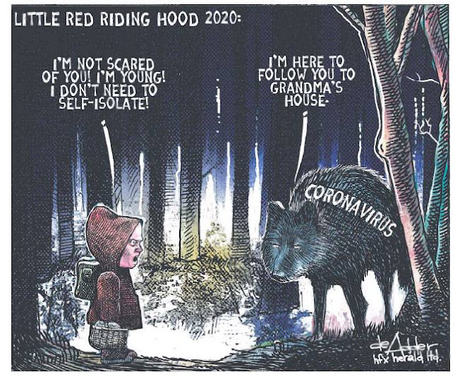 Title:  Little Red Riding Hood 2020.  Image:  Little Red Riding Hood says to wolf labeded 