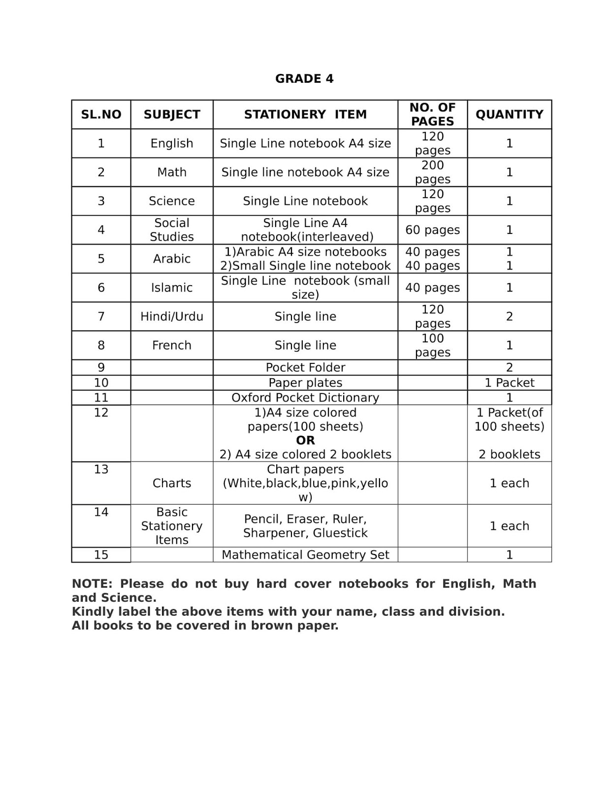 Birla World School Oman Stationery list for Grade 4