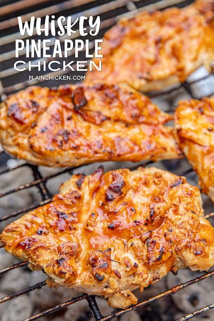 Whiskey Pineapple Chicken - delicious!!! Chicken marinated in whiskey, pineapple juice, BBQ sauce, Worcestershire, garlic and pepper. Let the chicken marinate at least 24 hours for the best flavor.