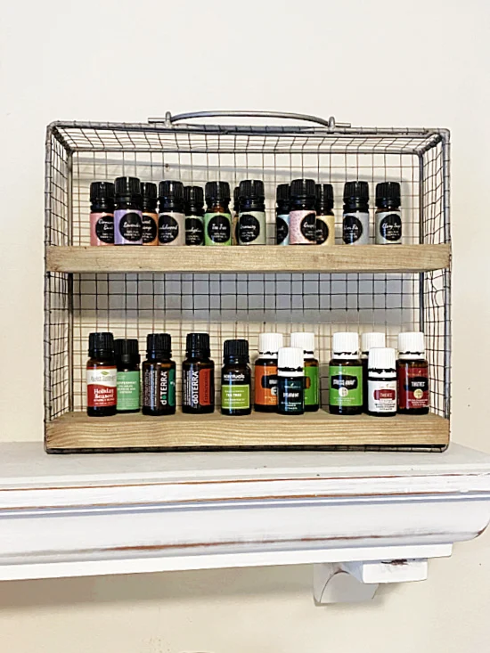 essential oil shelf filled with bottles