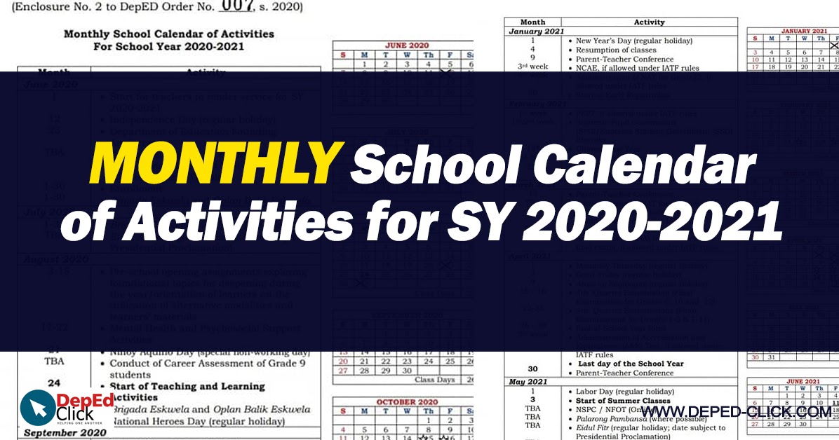 MONTHLY School Calendar of Activities for SY 2020-2021 - Teachers Click