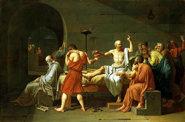 oil painting of a man seated on a bed with one hand upraised, finger pointing up as though making a point; around him others, like him wearing toga-like clothes, expressing various stages of grief; one is handing him a large cup to drink