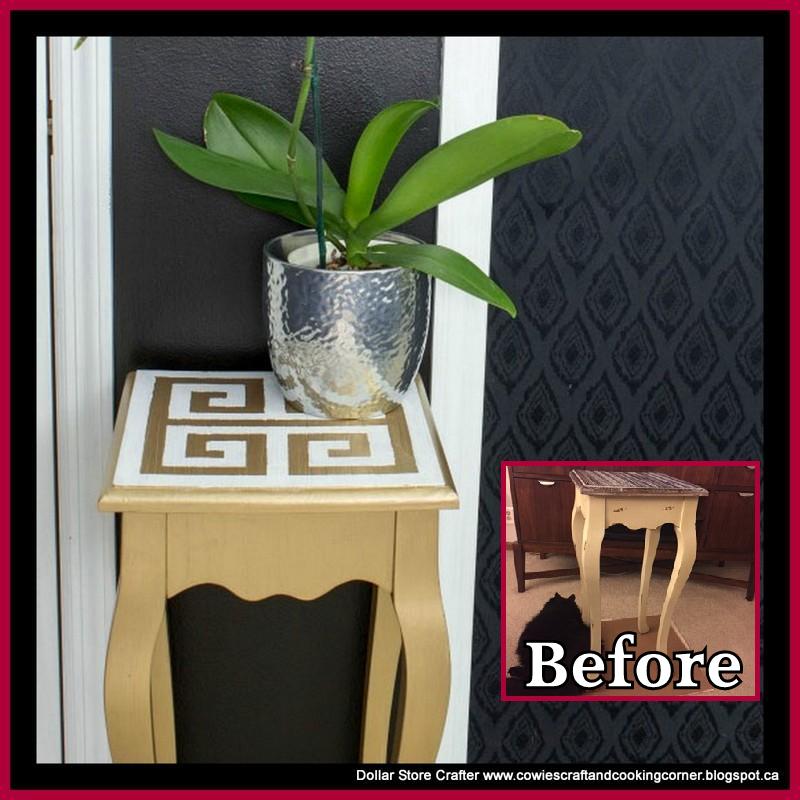 Dollar Store Crafter Turn An Ugly Table Into A Beautiful One Using A Greek Key Motif And Gold