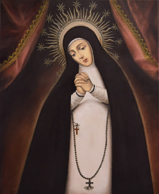 VIRGEN DE LA PALOMA Óleo sobre lino 50 x 61 cm. Agosto de 2019  Colección particular.  Réplica-interpretación del célebre cuadro madrileño, uno de los grandes signos de la devoción española a la Virgen de la Soledad en su iconografía de viuda noble.