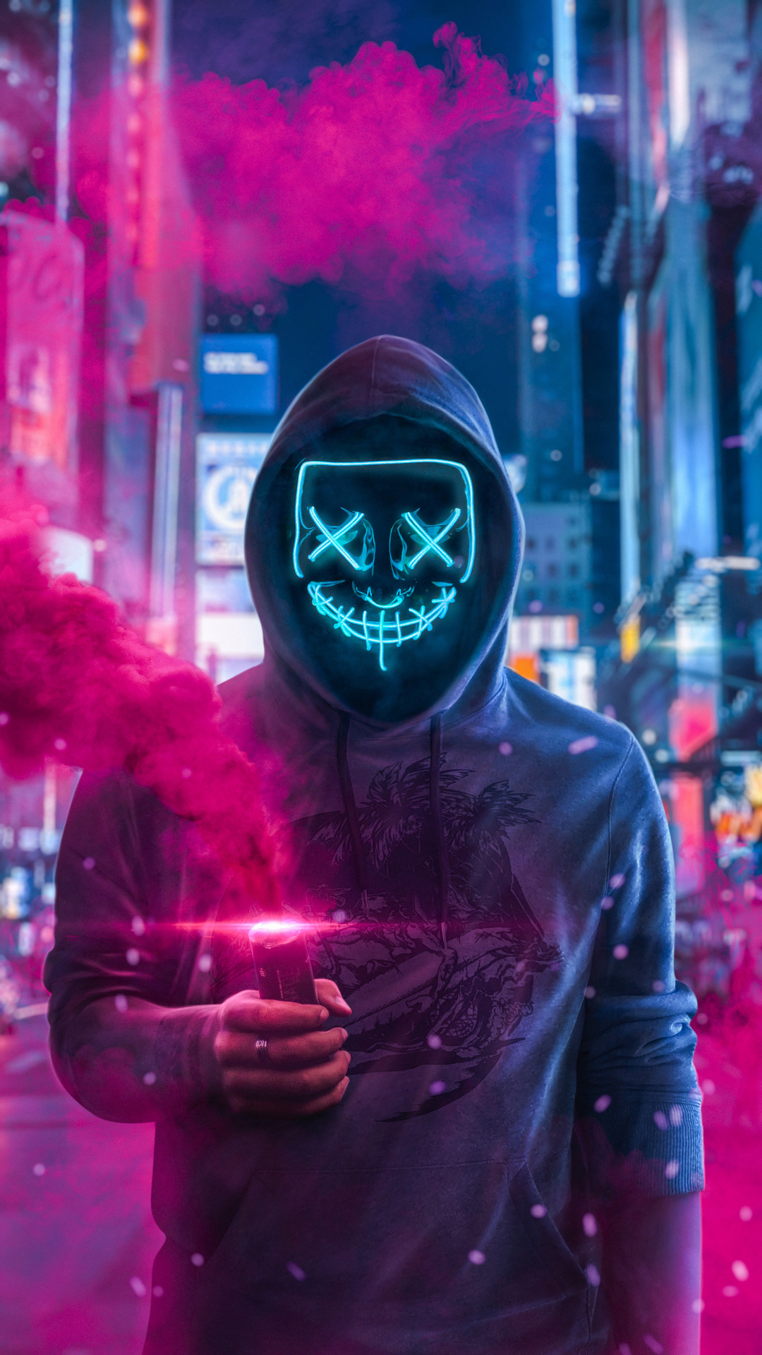 Wallapper Anonymous, Neon, Mask, Hoodie, Smoke - XFXWallpapers
