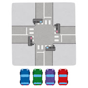 上から見た交差点と自動車のイラスト（信号あり）