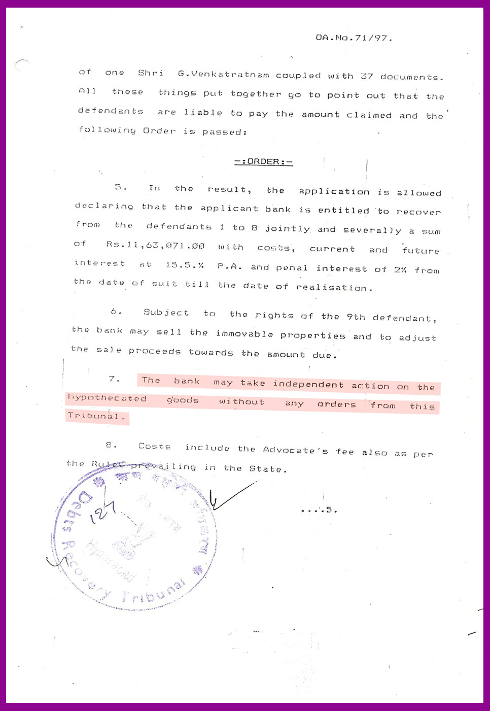 Yadadri Golden Plots ORDER in Debts Recovery Tribunal at Bangalore