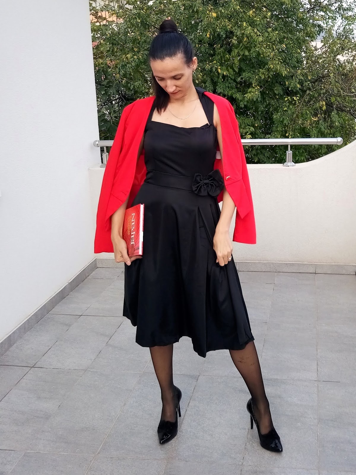 red blazer black dress