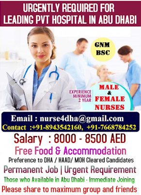 MALE AND FEMALE NURSES URGENT REQUIREMENT IN ABU DHABI LEADING PVT HOSPITAL 