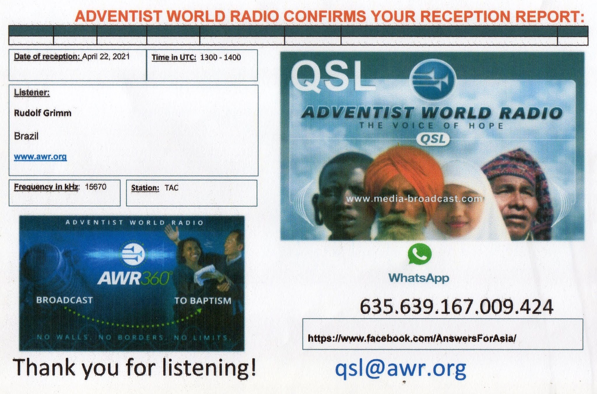 DXwaysbr eQSL arrived 15670 kHz Adventist World Radio via