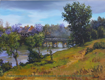 Plein air oil painting of the old Windsor Bridge painted by heritage artist Jane Bennett