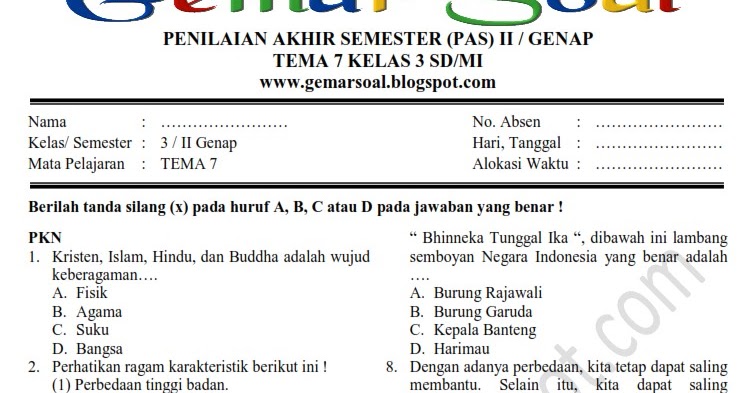 Soal PAS Tema 7 Kelas 3 SDMI dan Kunci Jawaban Semester 2