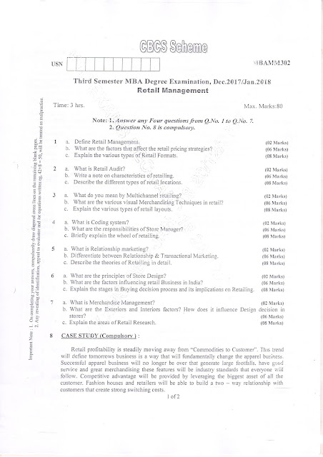 AR VTU MBA E-NOTES: VTU MBA 3rd sem question papers Retail Management