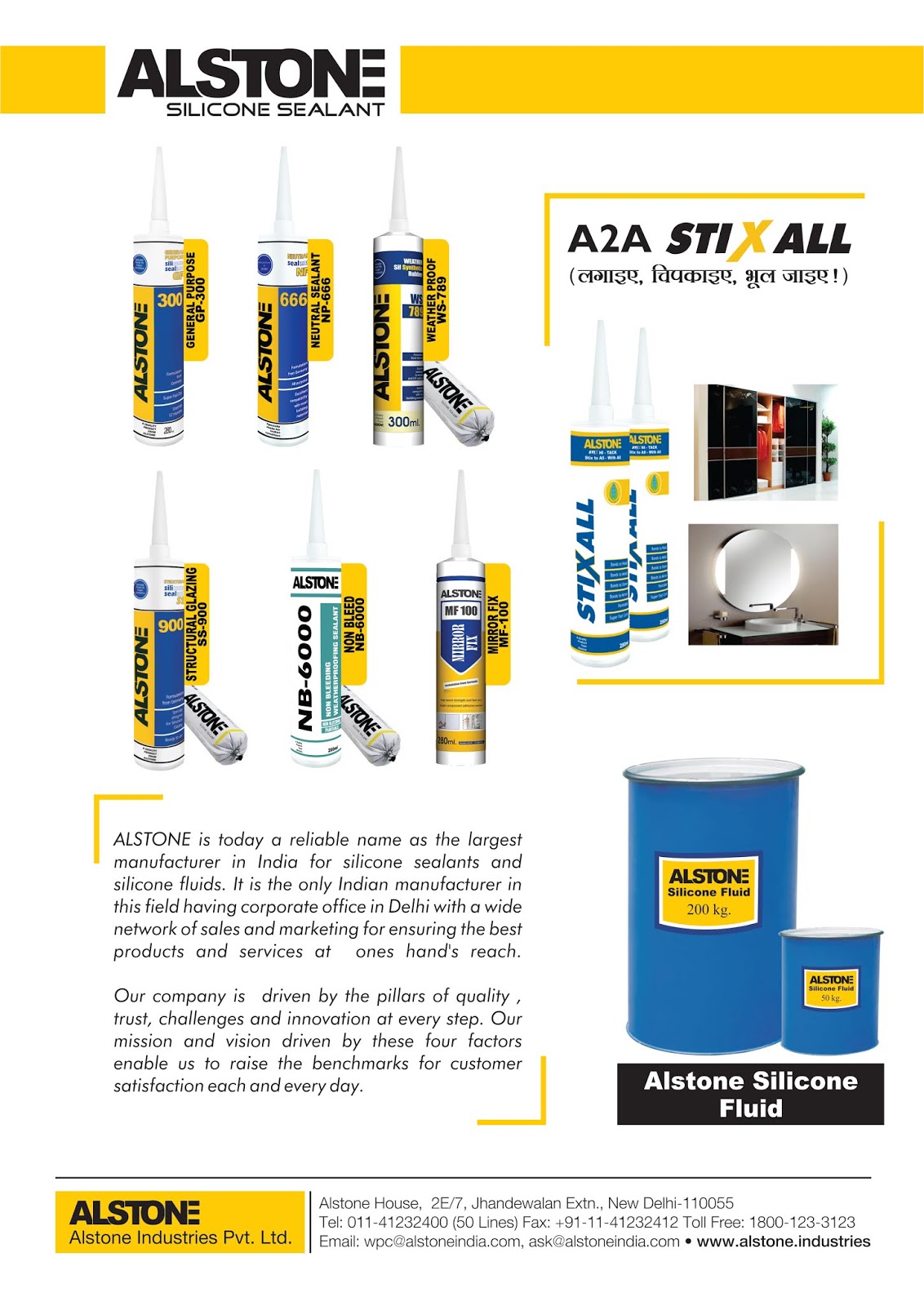 FOR ALL YOUR NEEDS OF SILICONE SEALANTS & SILICONE FLUIDS ALSTONE HAI NA
