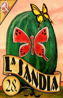 A watermelon is the subject of this loteria card and is used for tarot readings and fortune telling.
