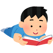 うつ伏せで本を読む人のイラスト（男性）