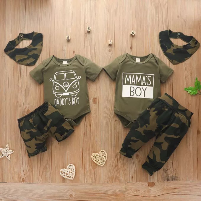 Newborn Infant Baby Boys Clothes Sets Camouflage 3PCs Cartoon Print Short Sleeve Romper Tops.