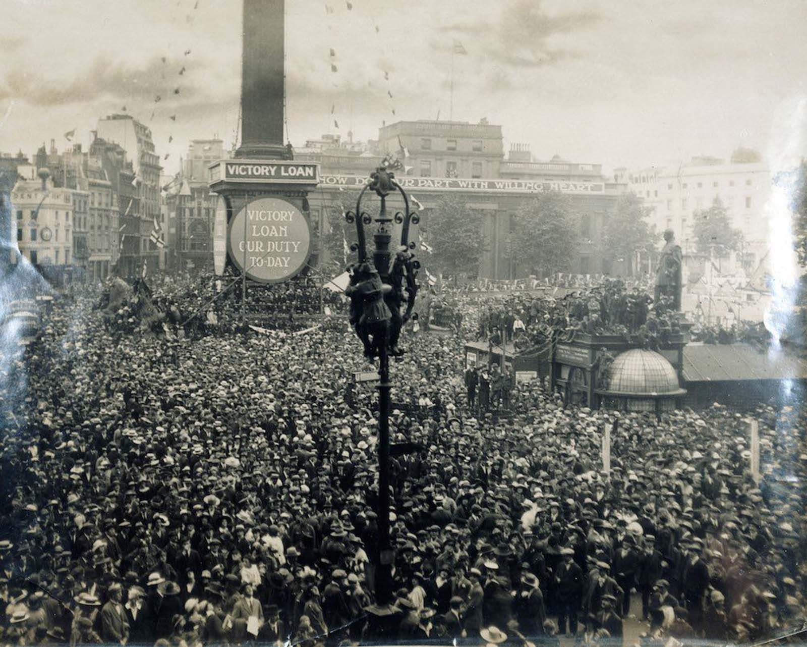 Crowds at Trafalgar Square, London.