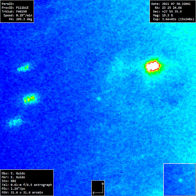 Astrônomos empilharam 15 fotos de 240 segundos de exposição cada uma para obter essa imagem da descoberta do cometa C-2021 O3 PanSTARRS - E Guido - E Bryssinck - M fulle - G Milani - C Nassef - G Savini - A Valvasori