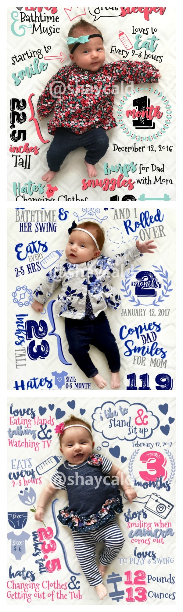 Baby jente i månedlig bilde app bilde collage.