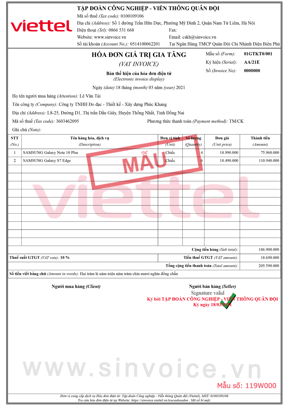 Mẫu hóa đơn điện tử số GDT015