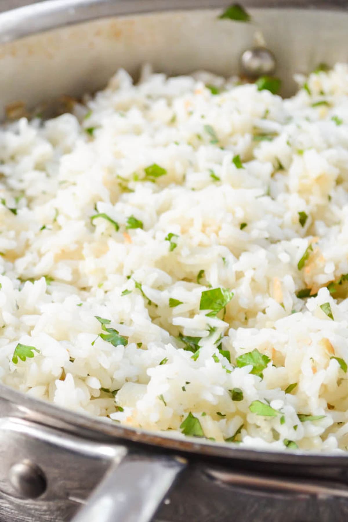Cilantro Lime Rice in a large stainless steel pan.