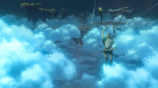 Ancient Link floating through the sky at night with some sky islands in front of him and visible temple structures
