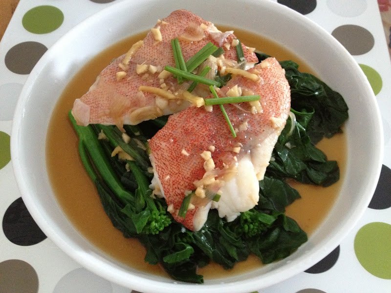 Steamed Red Grouper with Light Soy Sauce on Kailan Vegetables