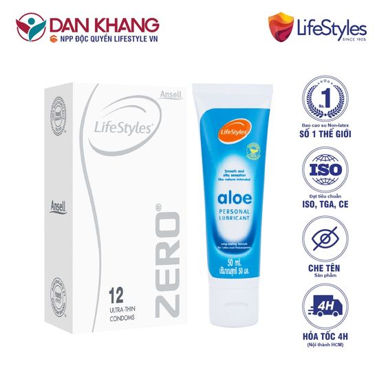 COMBO BAO CAO SU LIFESTYLES ZERO SUPER THIN (12 BAO/HỘP) + GEL BÔI TRƠN TINH CHẤT LÔ HỘI LIFESTYLES ALOE 50ML