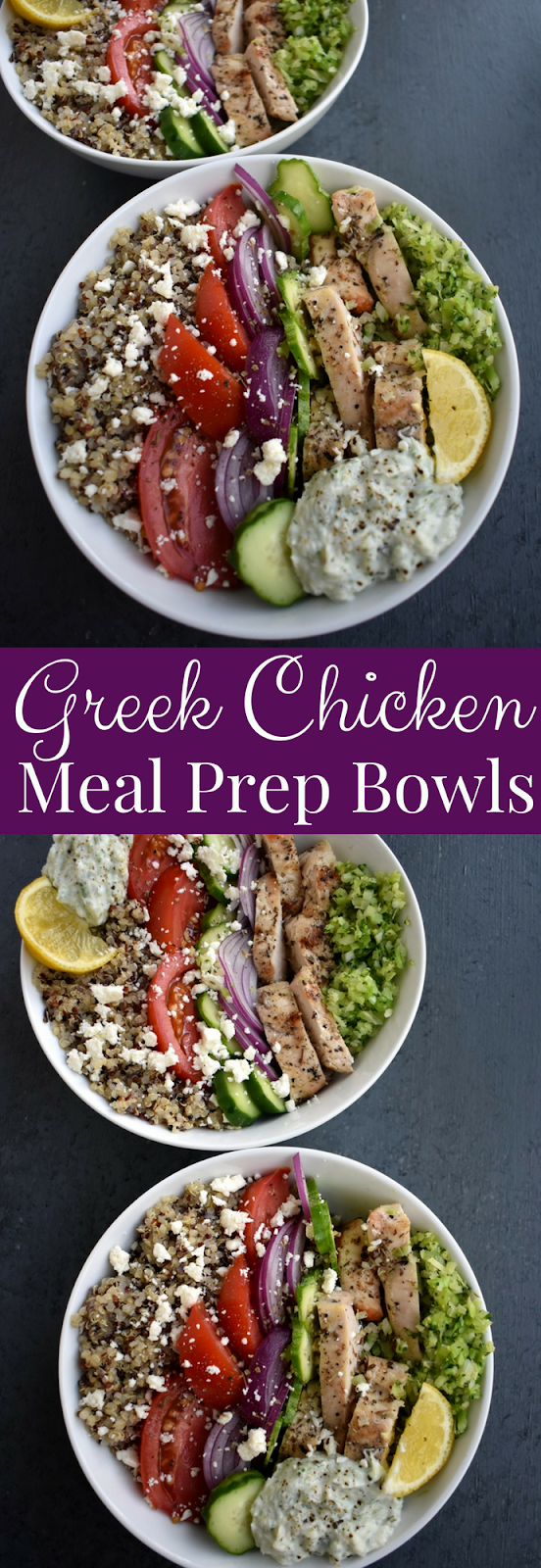 Greek Chicken Meal Prep Bowls are loaded with lemon herb chicken, tzatziki sauce, cucumbers, tomatoes, red onion, feta and broccoli for the perfect lunch that can be made ahead of time! www.nutritionistreviews.com