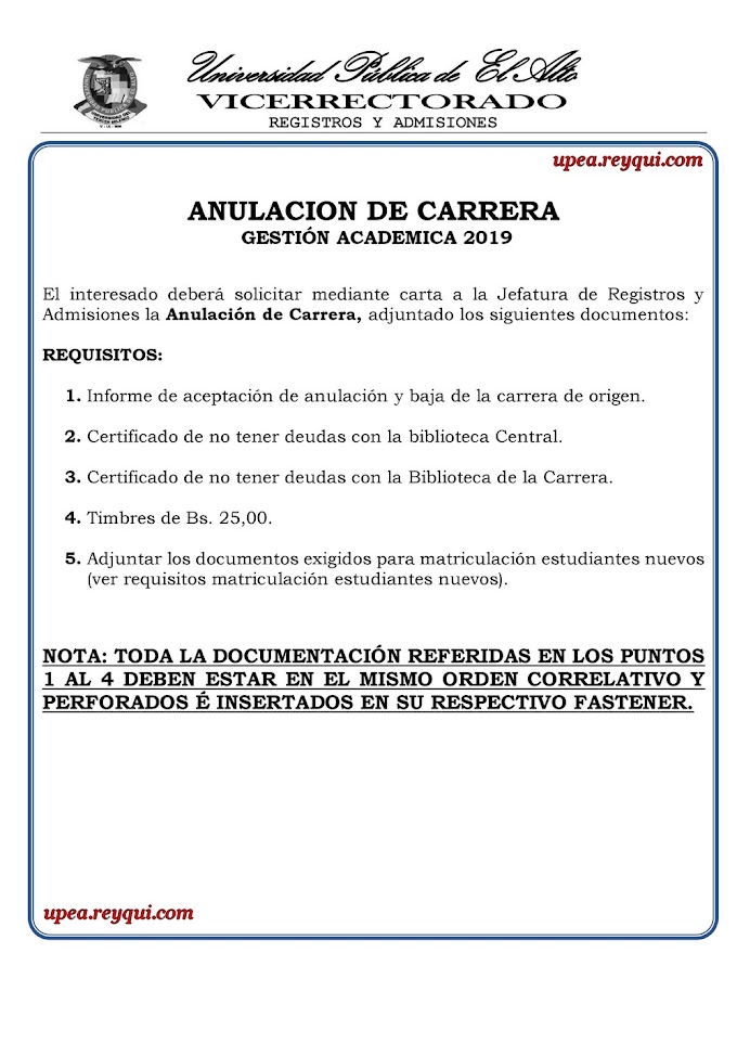 UPEA 2019: Requisitos para Anulación de Carrera