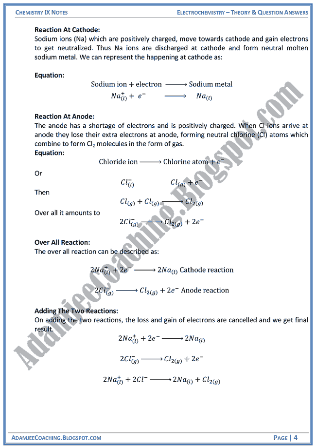 Adamjee Coaching Electrochemistry Theory Notes and Question Answers Chemistry IX