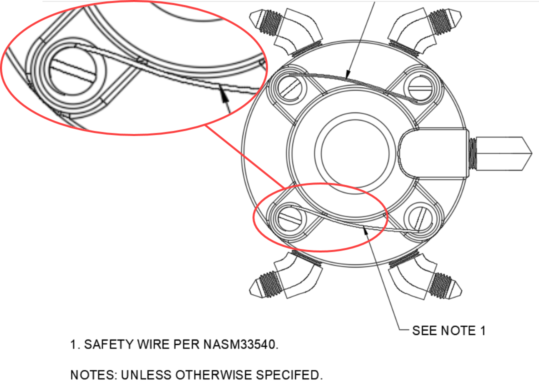 The modeled sweep representing the safety wire on the drawing.