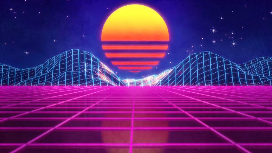 #4.3246, Synthwave, Retrowave, Sunset, Mountain, Grid, 4K Wallpaper