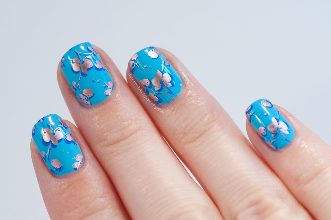 Rose Gold and Blue Flower Nails